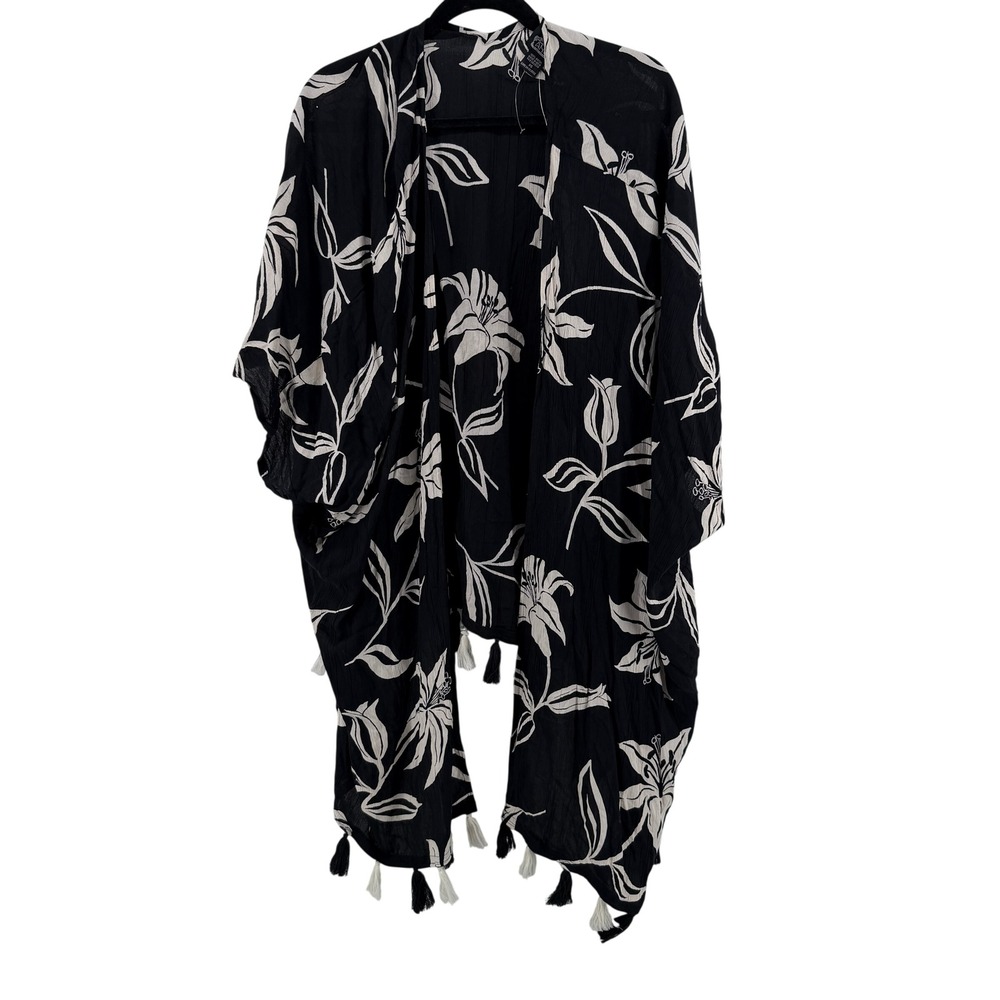 Angie Kimono Floral Tassel Hem OS Black‎ Womens Boho Beach Coverup Festival